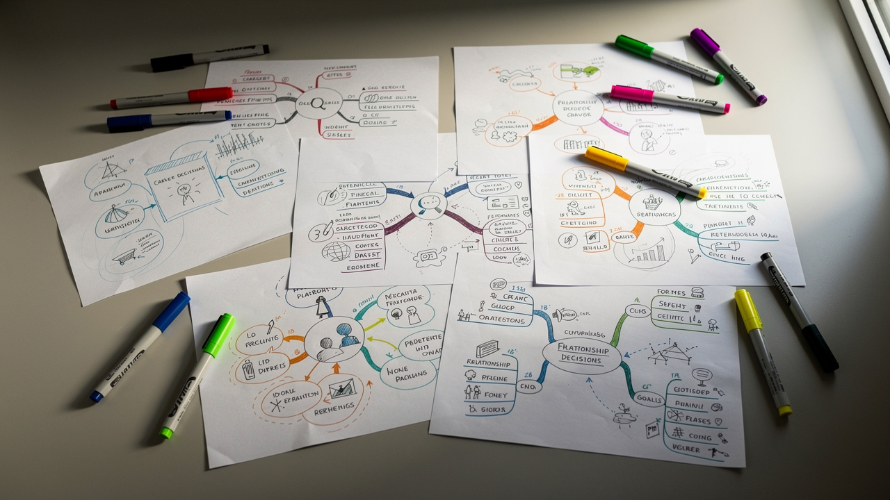 Multiple mind maps scattered showing different life decision topics
