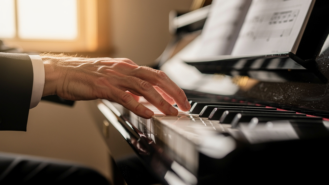 Musician's hands on piano keys during performance