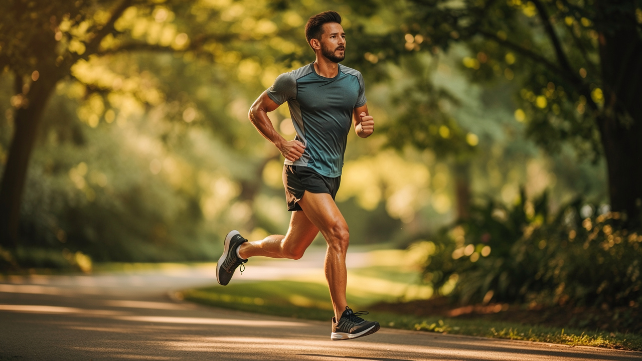 Person jogging outdoors on a tree-lined path at sunset