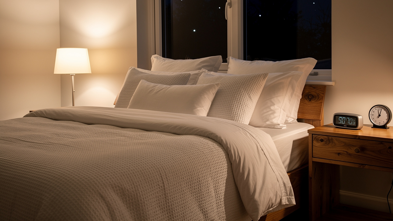 Serene bedroom at night with soft warm lighting