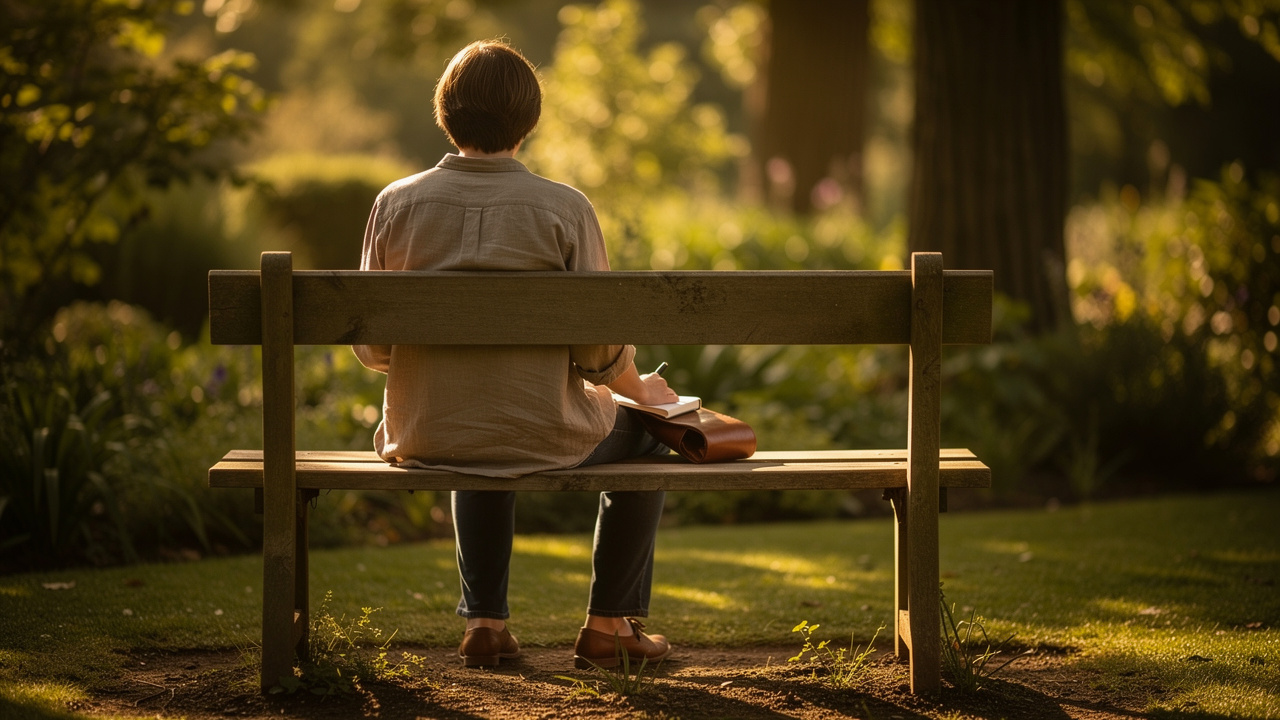 Person sitting peacefully in nature with notebook for self-reflection