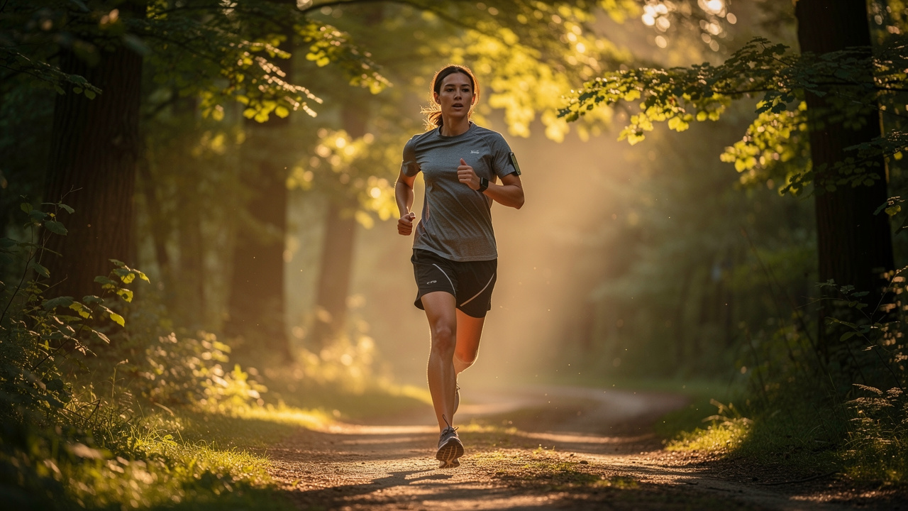 Person jogging on tree-lined path during sunrise