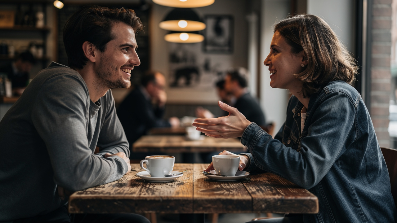 Two friends having meaningful conversation at cafe table