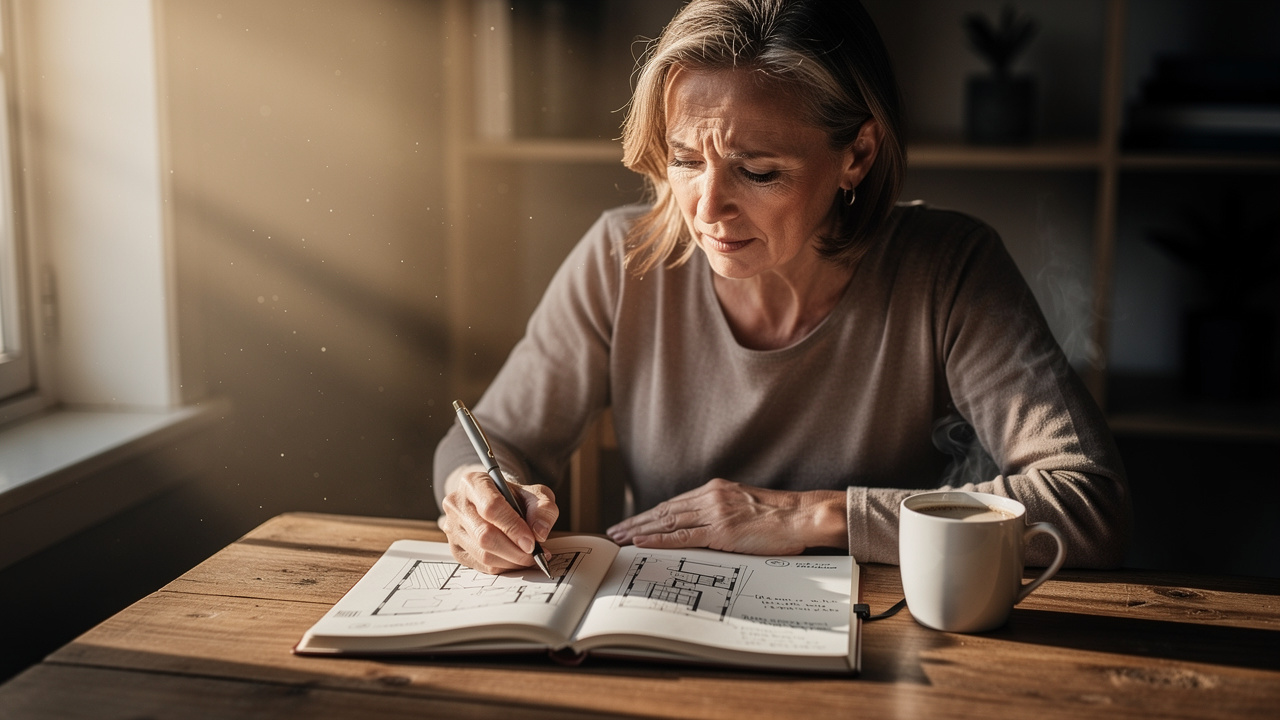 Woman writing in journal at desk with natural morning light